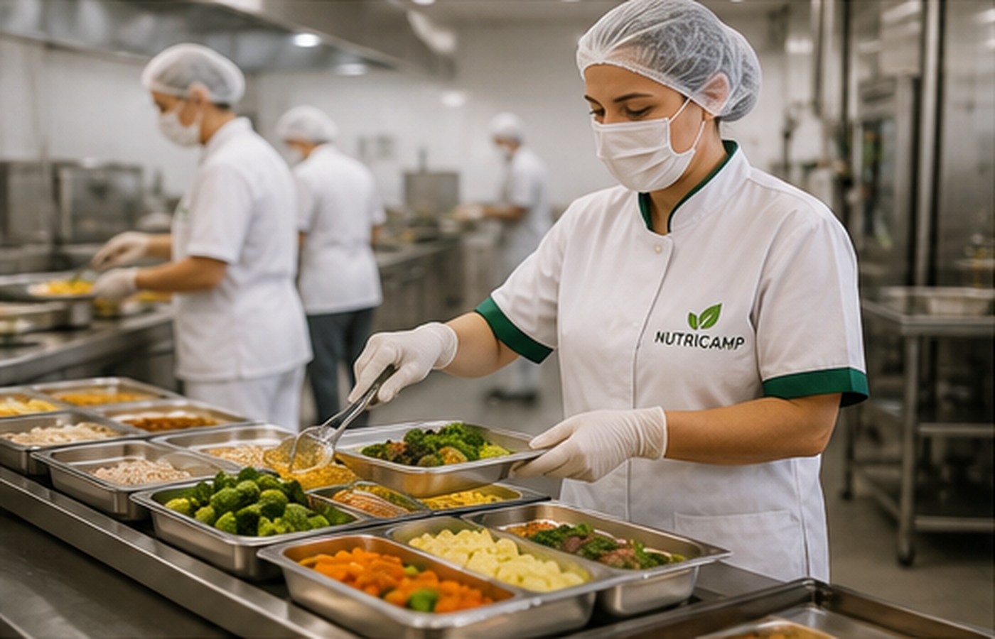 Cozinha industrial organizada com equipe uniformizada