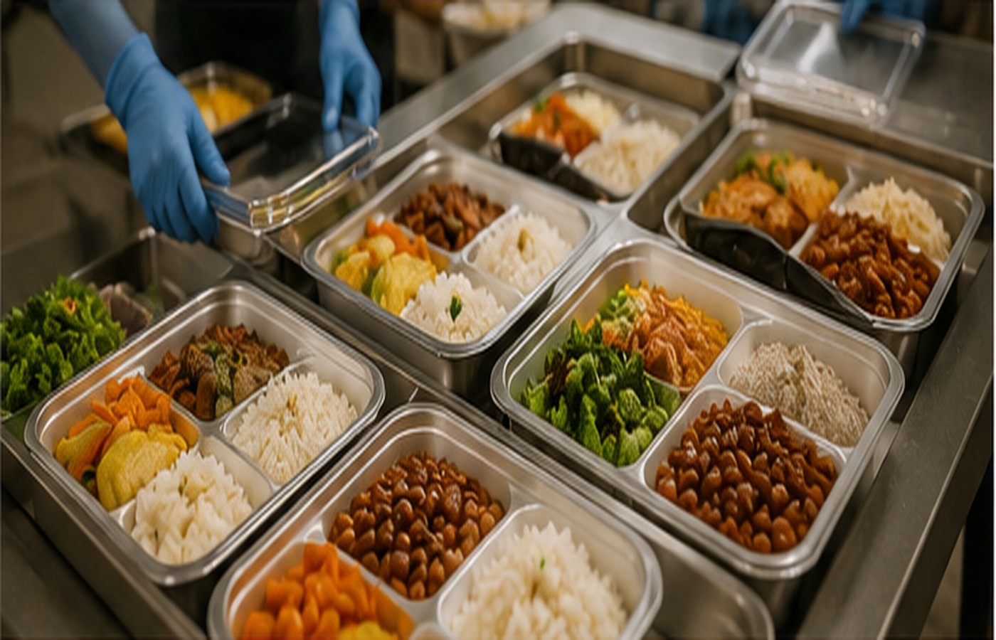 Linha organizada de produção de refeições empresariais